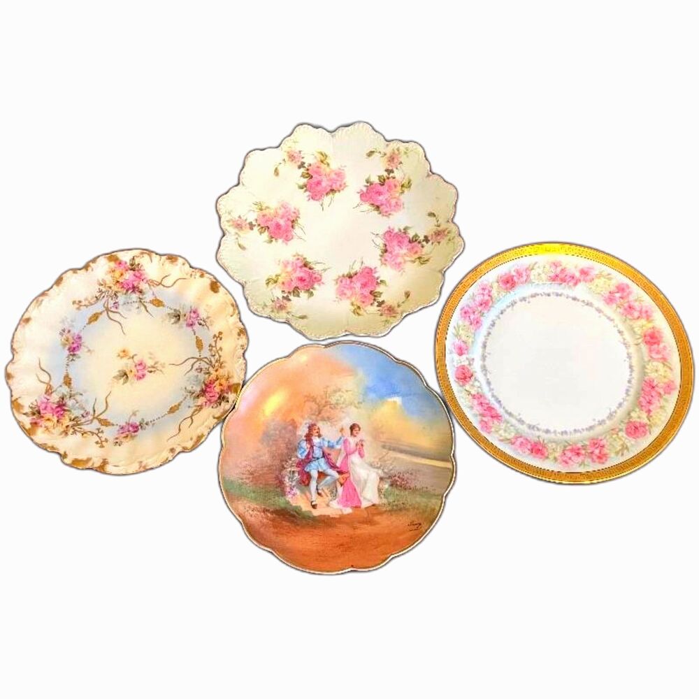 Limoges France Porcelain Plates - 4-Piece Floral & Scenic Set.